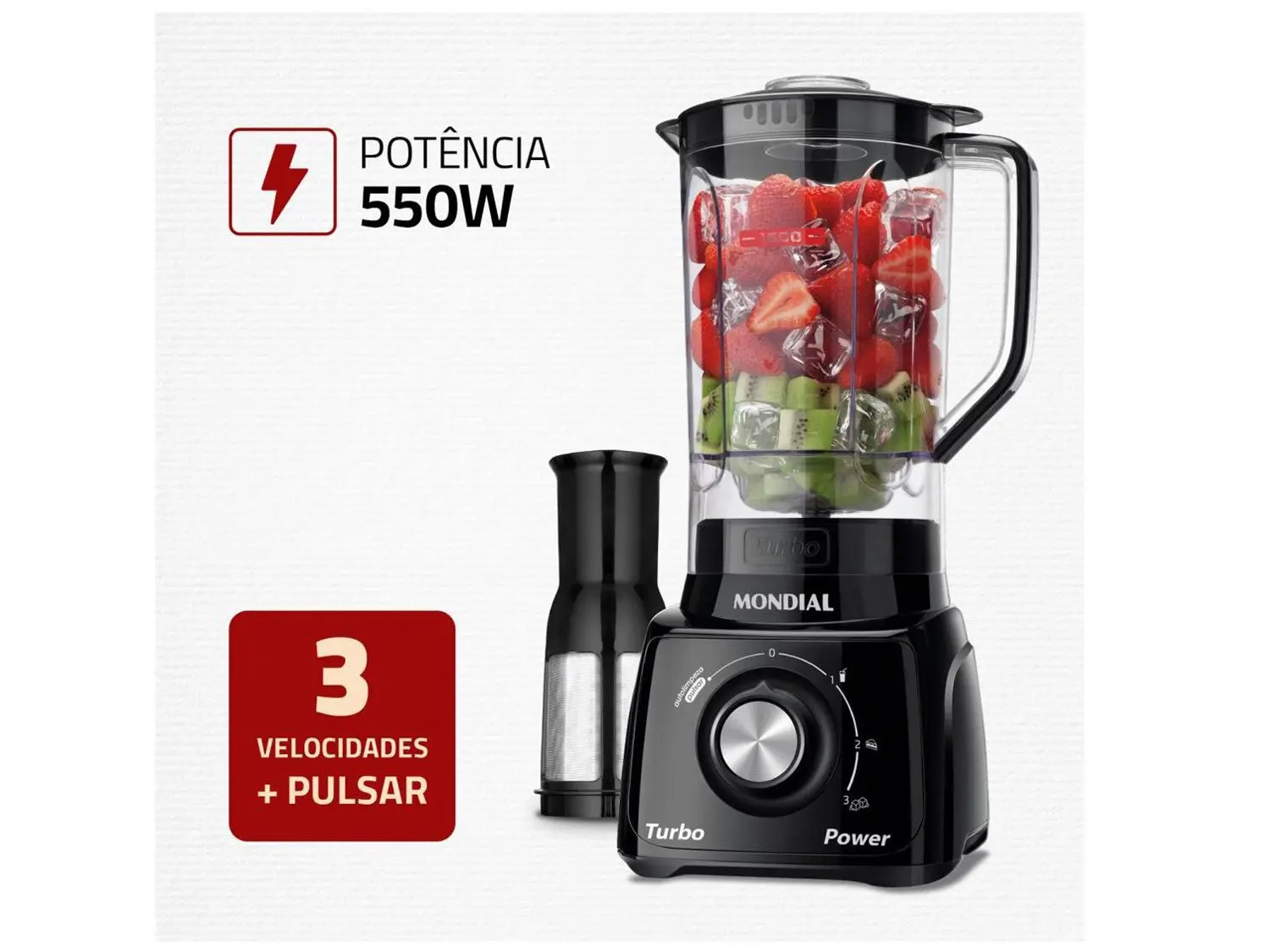 Liquidificador Mondial Turbo Power Preto 3 Velocidades 550W - Imagem 2